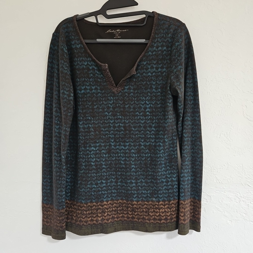 Eddie Bauer Shirt Womens Sz Med Long Sleeve Lightweight V Neck Henley Aztec
